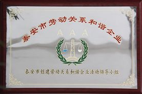公司荣获“泰安市AAA级劳动关系和谐企业”荣誉称号